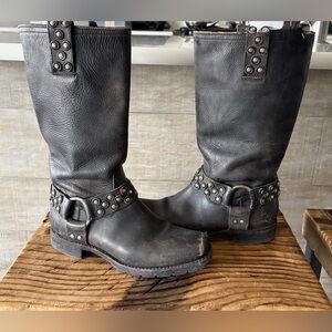 Frye Black Leather Studded Harness Motorcycle Boots - Men